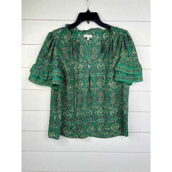 Max Studio Green  Peasant Blouse Ruffle Detail Patterned Short Sleeves Size M - Picture 2 of 13